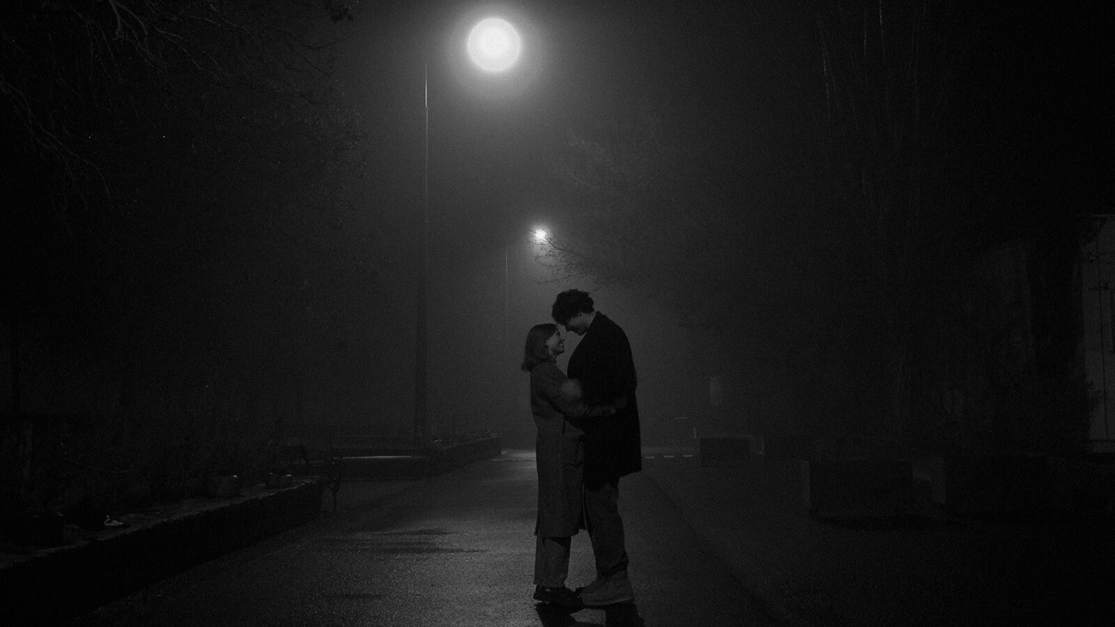 A couple embracing under a streetlight on a foggy night