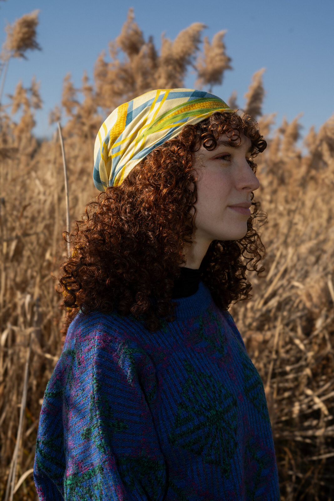 Woman in a headscarf standing among dry reeds
